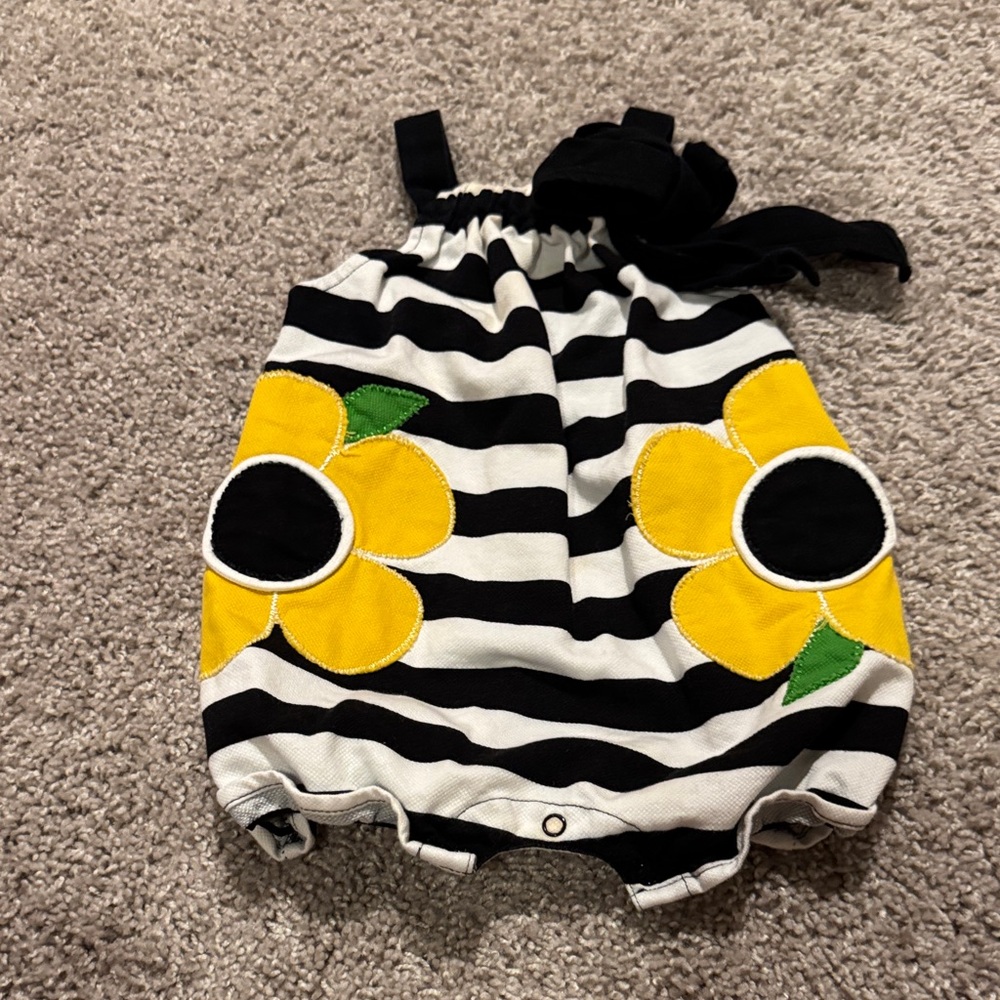 Mud Pie Black and White Striped Romper with Yellow Flowers